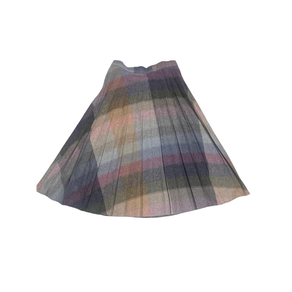 Vtg 80s Checkered Plaid Wool Blend Accordian Pleated Midi Skirt Purple Blue SZ M